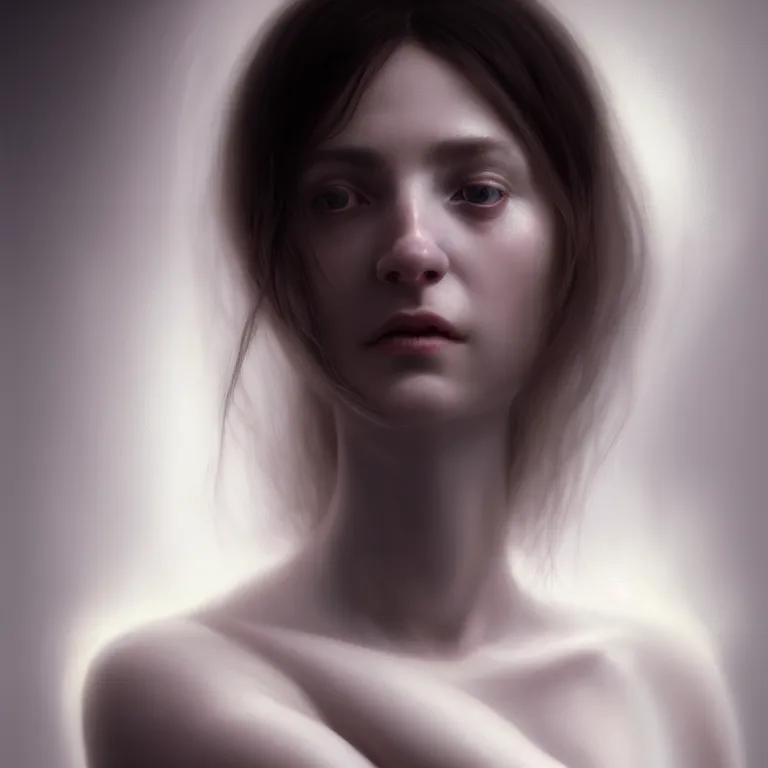 Image similar to a wonderful realistic portrait of a lonely woman with a detailed wonderful face who is dressed with a wonderful, majestic, large semi transparent white cotton dress, accent white lighting, dramatic light, octane render by roberto ferri, fantasy art, photo realistic, dynamic lighting, unreal engine rendered, artstation, poster, dramatic light, - 8 k, award winning