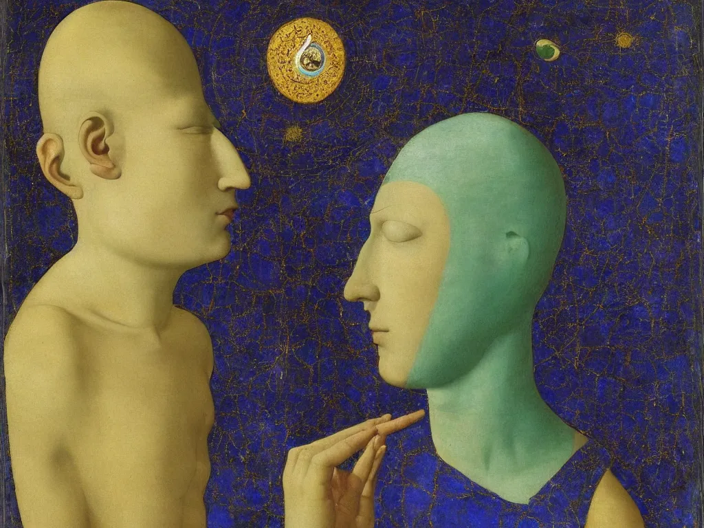 Image similar to portrait of a head in meditation with the third eye. lapis lazuli, malachite, turquoise, gold. painting by piero della francesca, balthus, agnes pelton