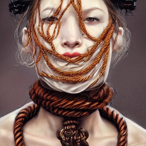 Image similar to portrait of a Shibari rope wrapped face and neck, headshot, insanely nice professional hair style, dramatic hair color, digital painting, of a old 13th century, traveler, amber jewels, baroque, ornate clothing, scifi, realistic, hyperdetailed, chiaroscuro, concept art, art by Franz Hals and Jon Foster and Ayami Kojima and Amano and Karol Bak,