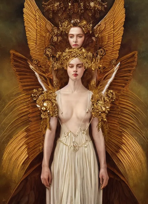 Image similar to highly detailed oil painting | very intricate | cinematic lighting | award - winning | divine sixtine chapel angelic ceremonial fashion by alexander mcqueen | by roberto ferri, by tom bagshaw, by j. c. leyendecker and klimt, american romanticism, by austin osman spare, artstation, cgsociety, official art, octane