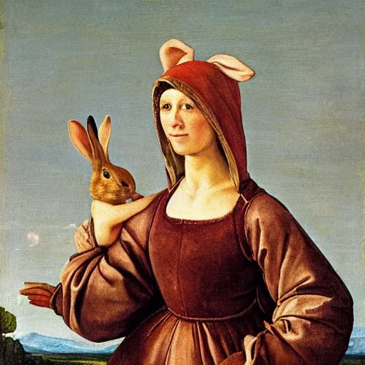 Image similar to the lady with the rabbit hat. renaissance painting, oil on canvas, 1 8 7 0.