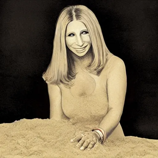 Image similar to barbara streisand made of sand, as sandman