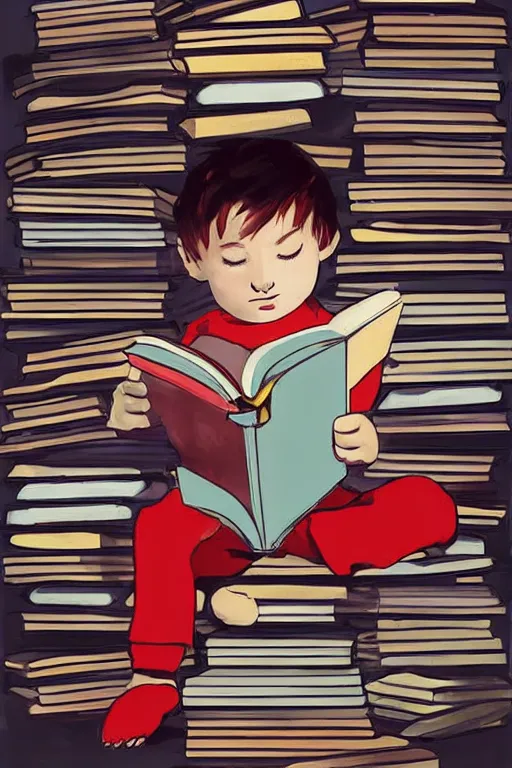 Prompt: a little boy with red hair sits cross legged on top of a tall pile of books. he is reading. clean elegant pretty cartoon painting, beautiful detailed face, storybook illustration.