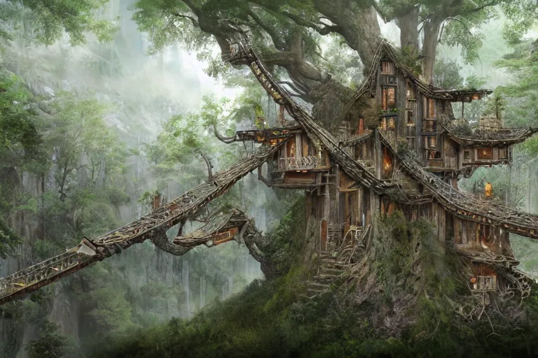 Image similar to a concealed wood elf village suspended high up in the redwood tree canopies, connected by rope bridges, fantasy setting, dense vegetation, very detailed, d & d concept art, 4 k