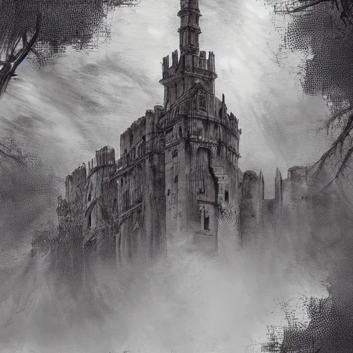 Prompt: an archaic tower looming over a grove of ancient trees, in the style of ayami kojima, thick mist, cracked walls, realistic digital painting, realistic colors, medieval fantasy, very detailed