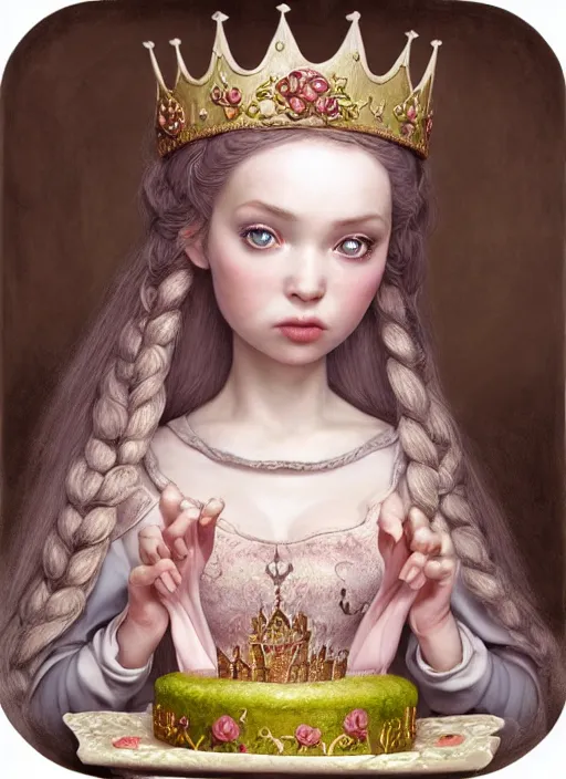 Image similar to highly detailed closeup portrait of a fairytale medieval princess eating cakes, unreal engine, nicoletta ceccoli, mark ryden, lostfish, earl norem, global illumination, god rays, detailed and intricate environment