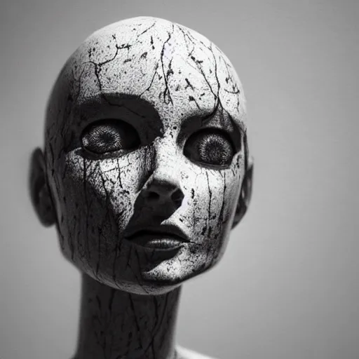 Image similar to A mannequin-esque figure with white glowing eyes, in a pitch black room, staring!!!!! into the camera, black!!!!! background, creepy atmosphere, eerie art style, photorealistic facial features, close-up!!!!!, macro image!!!!!, trending on artstation, 4k, 8k