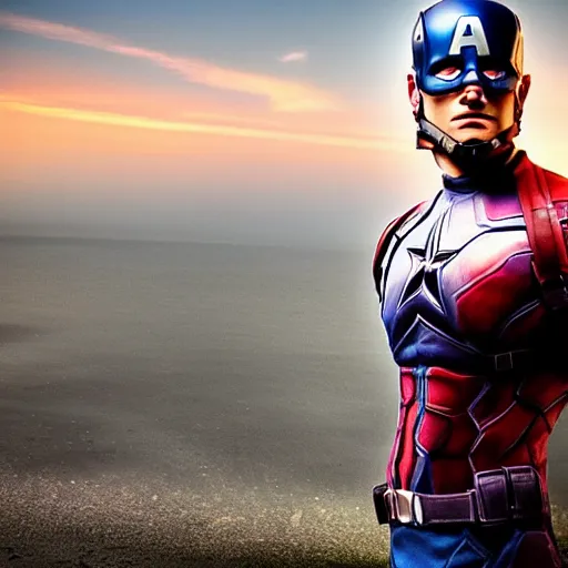 Image similar to A realistic photo with a mixture of flash and captain america, hyper-realistic, 8K HDR, sunset