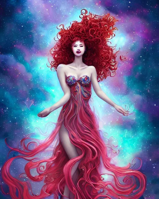 Prompt: Goddess with curly red hair floating in a sea of cosmic stars, swirling floral dress, astral flower couture, by WLOP and Artgerm, victoria's secret, deviantart, radiant light, artstation