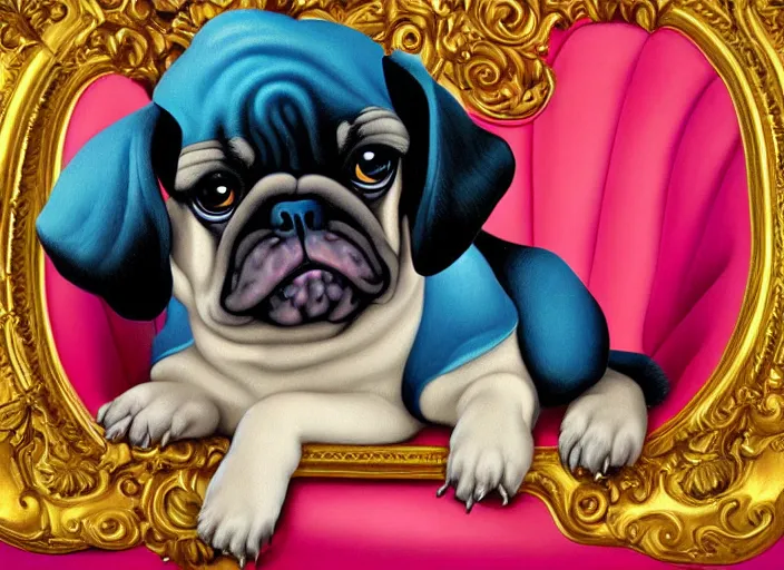 Prompt: baroque rococo painting The Royal Pug portrait Greg Hildebrandt Lisa Frank high detail cute puppy