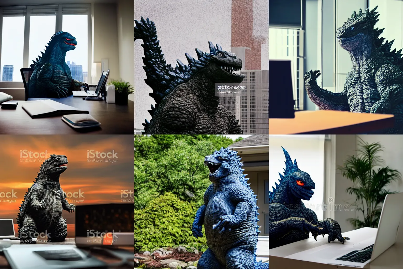 Prompt: godzilla working from home, stock photo