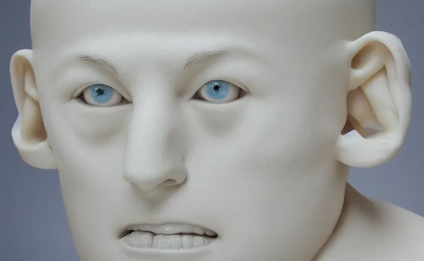 Image similar to human body made from white clay, head and hair, posing, sss, white solid, pale skin