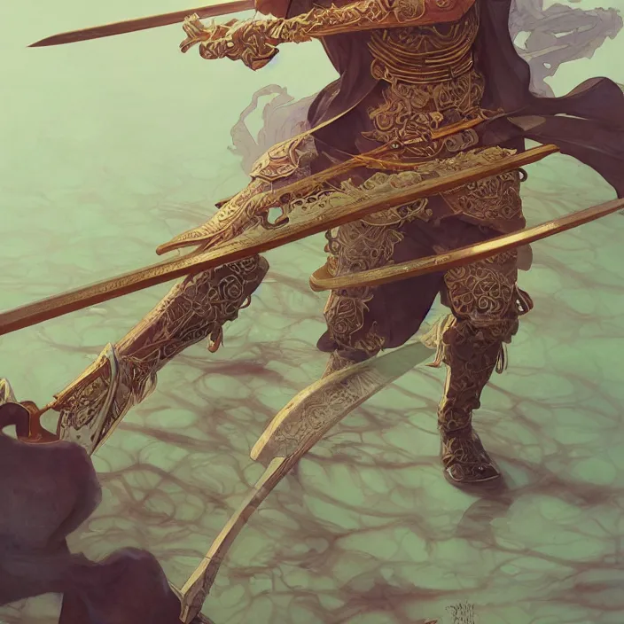 Image similar to kamado tanjiro wielding his katana, highly detailed, gold filigree, fantasy, soft cinematic lighting, award, disney concept art, watercolor illustration by mandy jurgens and alphonse mucha and alena aenami, pastel color palette, featured on artstation