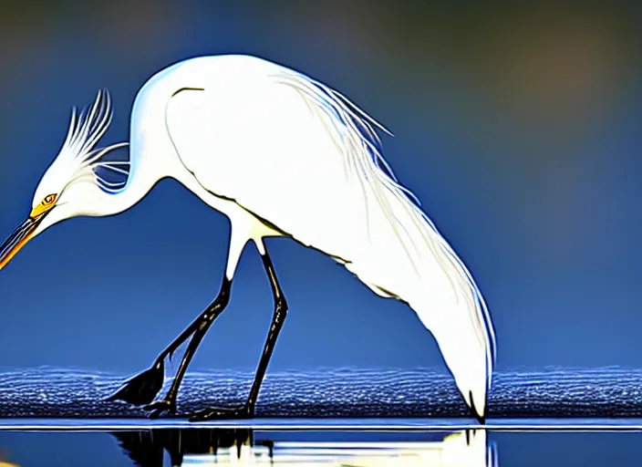 Prompt: an extremely detailed masterpiece photorealistic of a snowy egret hunting food along the shoreline with reflection, in the style of hiromi gibbs, digital art, unreal engine, volumetric lighting, dark moody lighting, epic scene