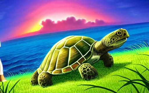 Prompt: a giant turtle in the ocean with grass and a large castle on its shell, sunset, drawn by hayao miyazaki, studio ghibli film, hi res, high detail, 4k