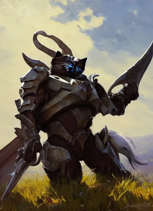 Prompt: Greg Manchess painting of a Cat Charr from Guild Wars 2 wearing Forerunner Armor from Halo, countryside, calm, fantasy character portrait, dynamic pose, above view, sunny day, artwork by Jeremy Lipkin and Giuseppe Dangelico Pino and Michael Garmash and Rob Rey, very coherent asymmetrical artwork, sharp edges, perfect face, simple form, 100mm