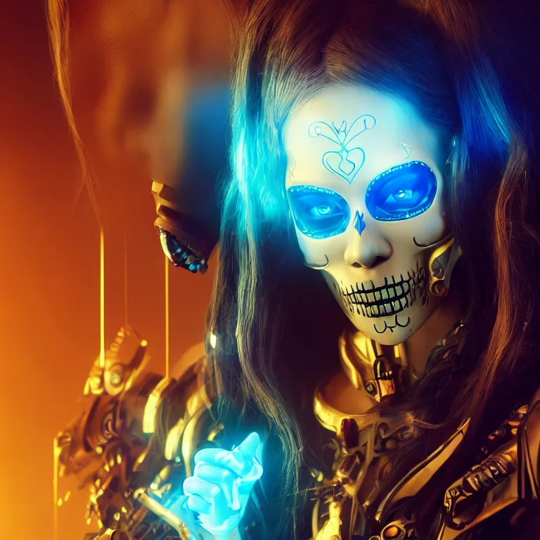 Image similar to beautiful cinematic poster, female cyberpunk cyborg, a gold sugar skull mask, brilliant blue flowing hair, beautiful glowing eyes, wideshot ultrawide angle epic scale, hybrid from the elden ring and art direction by darius zawadzki, wayne reynolds artstation ; cinematic quality character render ; low angle ; ultra high quality model, quality cinema model