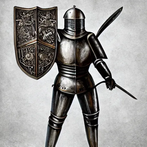 Image similar to a medieval knight in full plate metal armor riding a motorcycle holding a pistol, digital art, highly detailed, high quality, high resolution