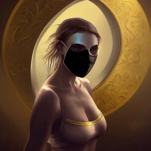 Image similar to 1 5 year old white girl with a white shirt that has one shoulder visible, wears black sports shorts and a golden mask on her face, intricate, highly detailed, digital painting, artstation, concept art, smooth, sharp focus, illustration, unreal engine 5, 8 k, art by artgerm and greg rutkowski and alphonse mucha