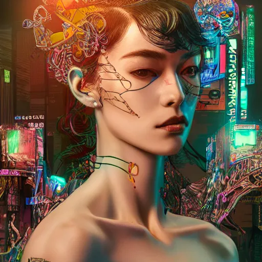 Image similar to the portrait of an absurdly beautiful, graceful, elegant, sophisticated, fashionable cyberpunk gravure idol, an ultrafine hyperdetailed illustration by kim jung gi, irakli nadar, intricate linework, bright colors, collage, porcelain skin, unreal engine 5 highly rendered, global illumination, radiant light, detailed and intricate environment