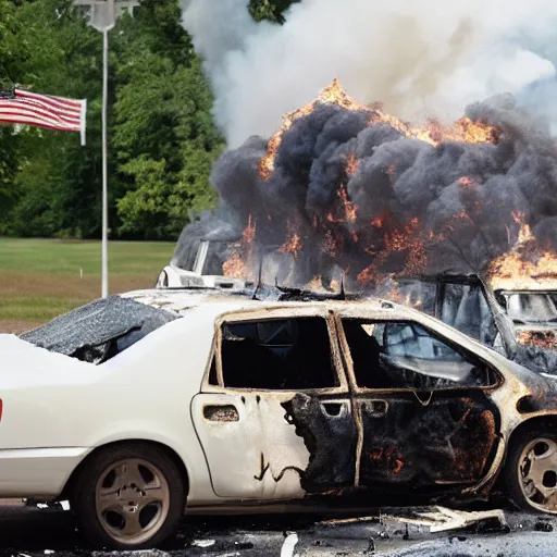 Image similar to ralph nader presidential campaign where he sets a bunch of cars on fire, green peace,