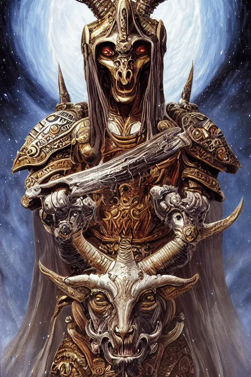 Image similar to full body concept art of baphomet wearing ancient roman armor made with porcelain by Jeff Easley and Peter Elson + beautiful eyes, beautiful face + symmetry face + galaxy + gothic, surreal, dread + highly detailed, intricate complexity, epic composition, magical atmosphere + masterpiece, award winning + trending on artstation