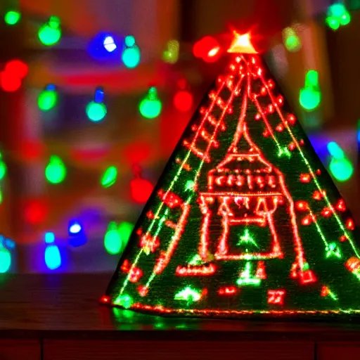 Image similar to a guillotine with christmas lights