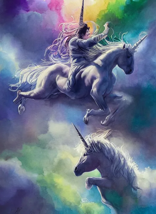 Image similar to portrait, a unicorn farting a rainbow, watercolor, dramatic lighting, cinematic, establishing shot, extremely high detail, foto realistic, cinematic lighting, pen and ink, intricate line drawings, by Yoshitaka Amano, Ruan Jia, Kentaro Miura, Artgerm, post processed, concept art, artstation, matte painting, style by eddie mendoza, raphael lacoste, alex ross