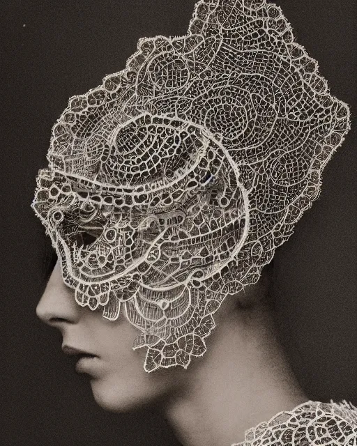 Image similar to a woman's face in profile, made of intricate lace skeleton, in the style of the dutch masters and gregory crewdson, dark and moody