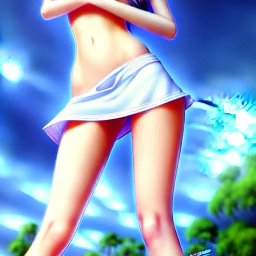 Image similar to tiny father a tall daughter picture : a very beautiful young blond anime girl, sky blue eyes, bikini, white miniskirt, highly detailed, cinematic wallpaper by stanley artgerm lau