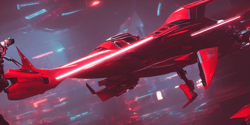 Image similar to cyberpunk concept inspired jet, futuristic look, highly detailed body, aerodynamic body, photorealistic camera shot, bright studio setting, studio lighting, crisp quality and light reflections, unreal engine 5 quality render, red and black tones, shooting