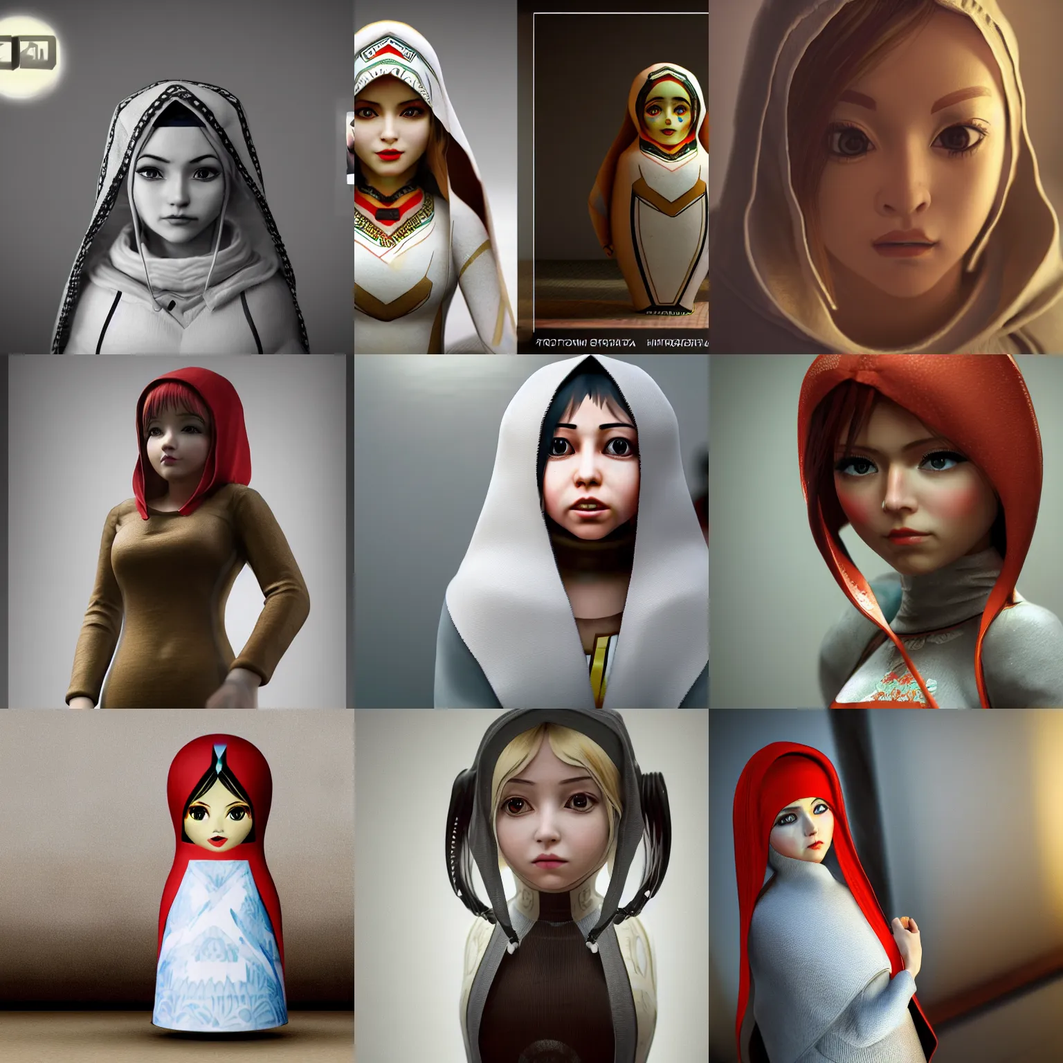 Prompt: fotorealistic 16K render cgsociety of Matryoshka the female character from videogame The Longest Journey, photorealism, full body, white ambient background, unreal engine 5, hyperrealistic, highly detailed, XF IQ4, 150MP, 50mm, F1.4, ISO 200, 1/160s, natural light, Adobe Lightroom, photolab, Affinity Photo, PhotoDirector 365, realistic