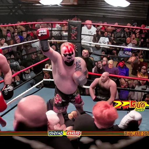 Prompt: juggalo tub of mayonnaise boxing match in a warehouse surrounded by toilets 4K ultra detail dramatic lighting