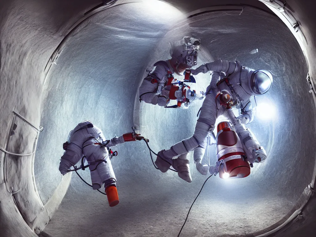 Image similar to Vacuuming through the tunnel in space suit. Hyperrealistic. High definition. Trending on artstation. Unsettling and macabre