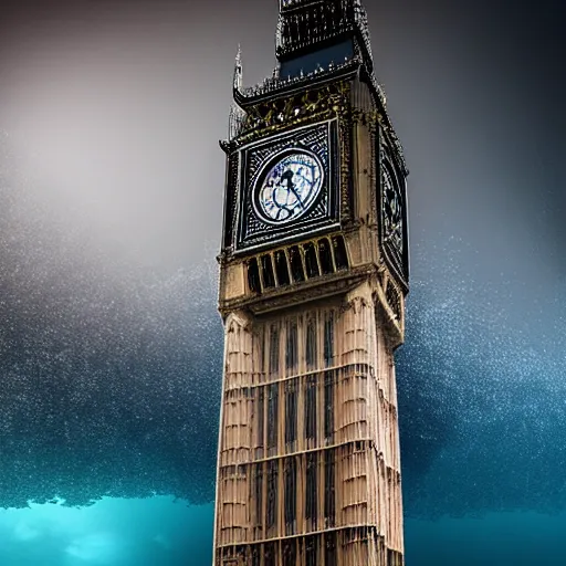 Image similar to big ben deep underwater, dredged seabed, shot on gopro9, moody lighting, 8k, very very very highly detailed, hyper realistic realistic