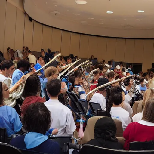 Prompt: doctors playing music with instruments made out of clear tubing, syringes, urine collection bag, iv pole, fluid bag, nebulizer equipment, bag - valve mask, intubation equipment, speculum, defibrillator, coban, flexiseal, picc dressing. capacity crowd at concert in surgical theater.