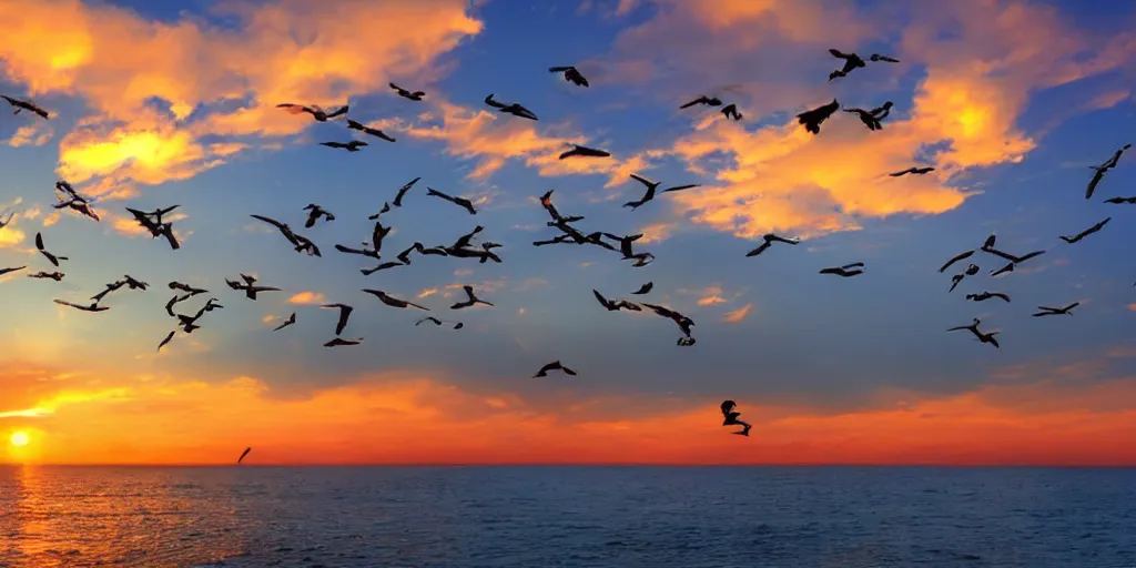 Prompt: seagulls flying over the ocean during the sunset, realistic