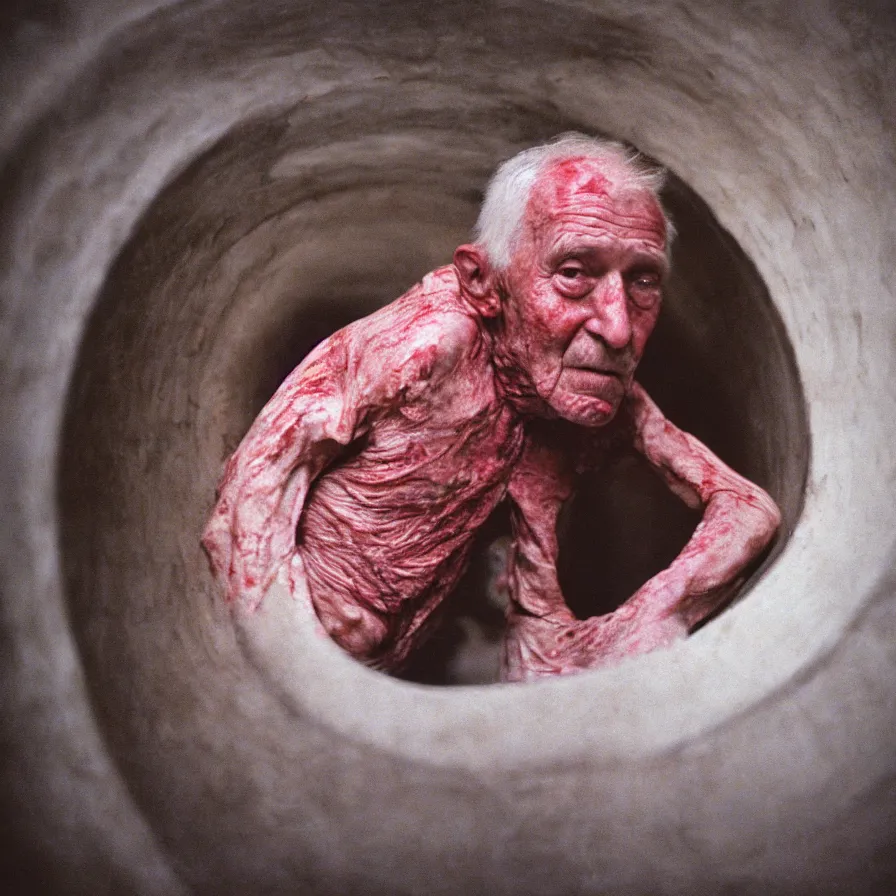 Image similar to 9 0 s movie still of an old man with a bloody hole in the stomach in a spiral tunnel, cinestill 8 0 0 t 3 5 mm, heavy grain, high quality, high detail