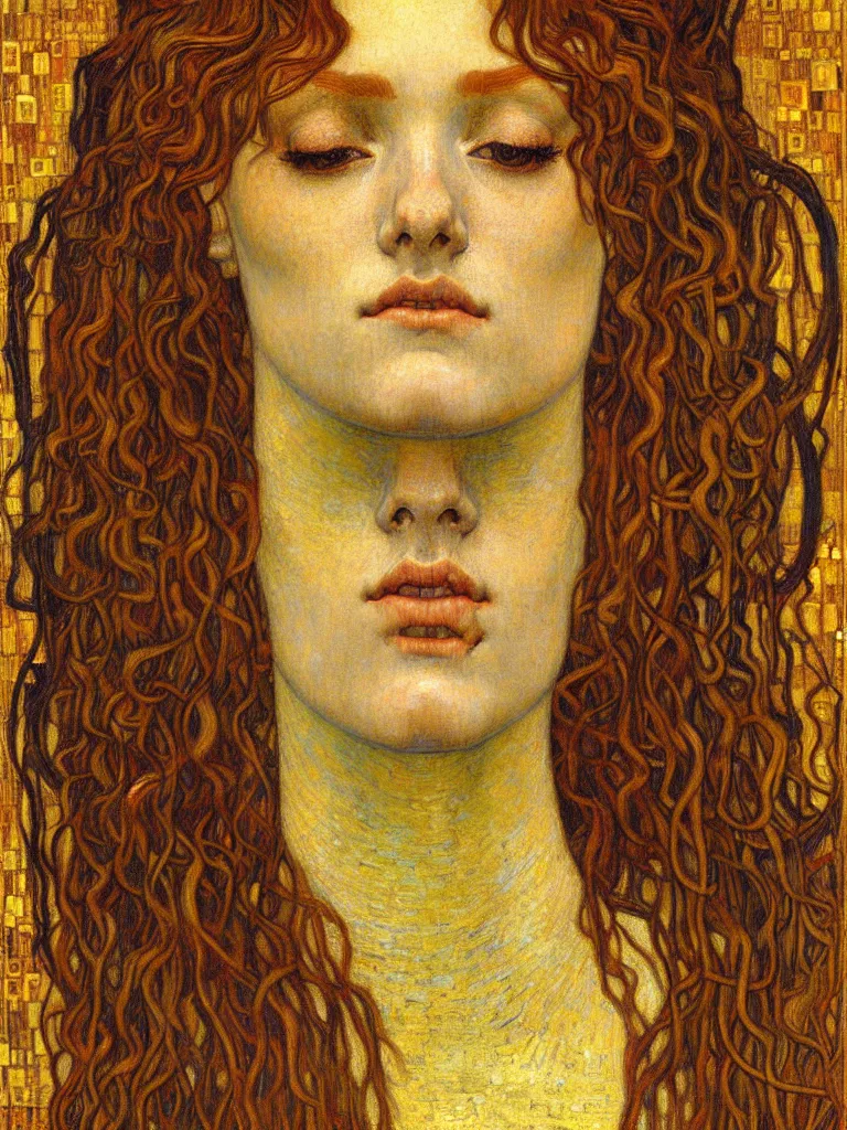 Image similar to detailed realistic beautiful young medieval queen face portrait by jean delville, gustav klimt and vincent van gogh, art nouveau, symbolist, visionary, gothic, pre - raphaelite, muted earthy colors, desaturated