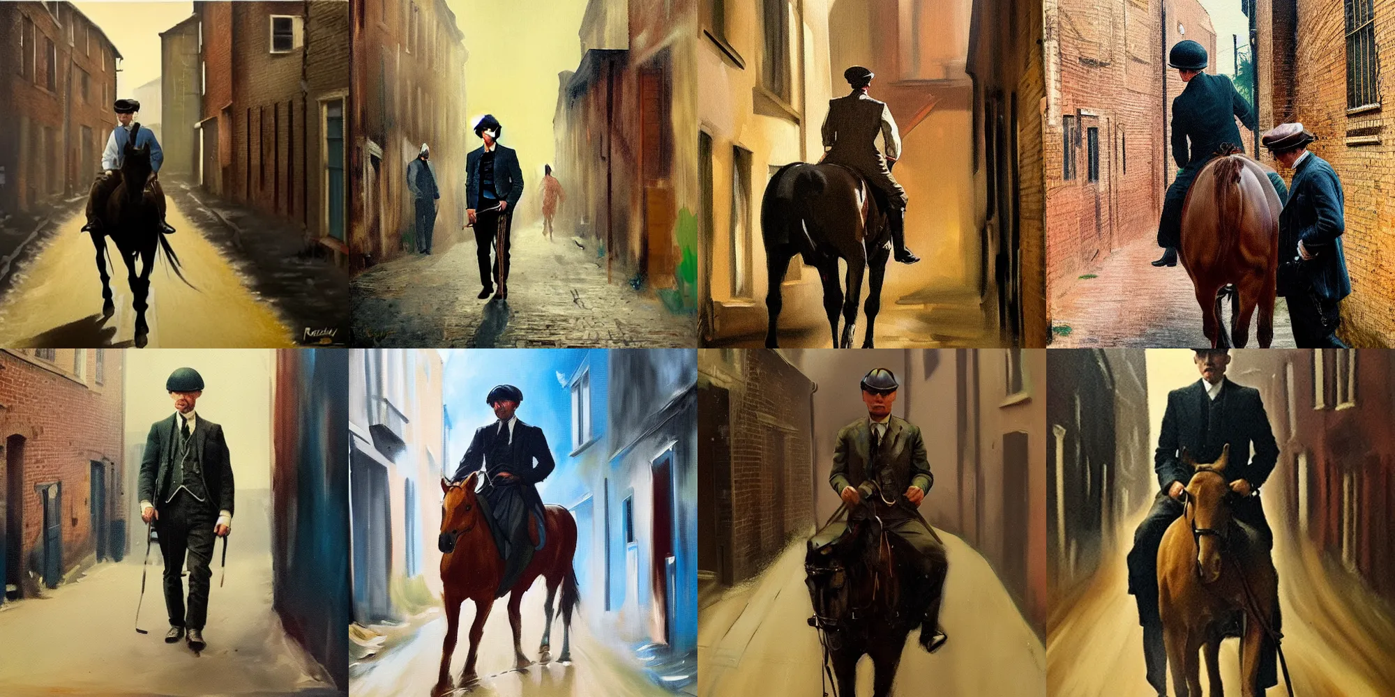 Prompt: painting of a man on a horse in an alleyway, Peaky Blinders (2018), painted by Robert Henri
