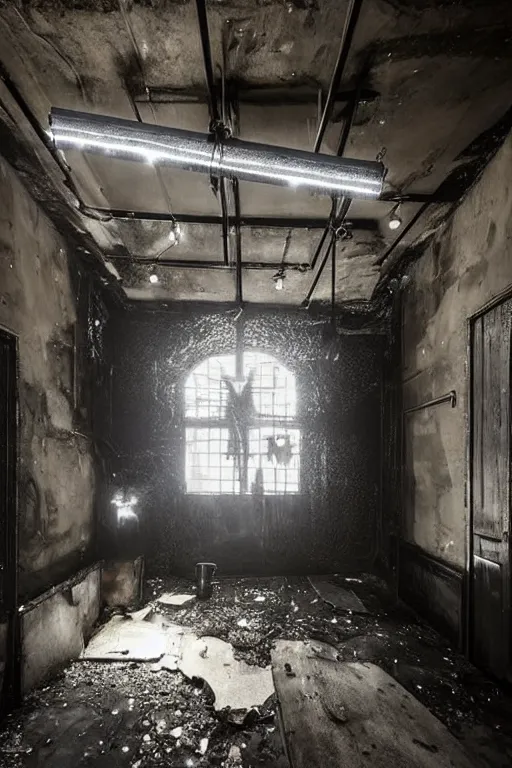 Prompt: desaturated abandoned basement transformed into a HEAVENLY interior inspired by near-death-experiences, everything is built with salvaged industrial materials, CARDBOARD TUNNELS painted glossy black, glittering bursts of LED light and lens flares, blackmetal graffiti, ASYMMETRICAL irregular brutalist blackmetal spiraling jagged winged sculptures made of glossy black liquid latex and industrial hardware, designed by nancy grossman and anish kapoor, 8k, photorealistic, sharp focus, highly textured and hyperdetailed, 8mm fisheye lens, dutch angle