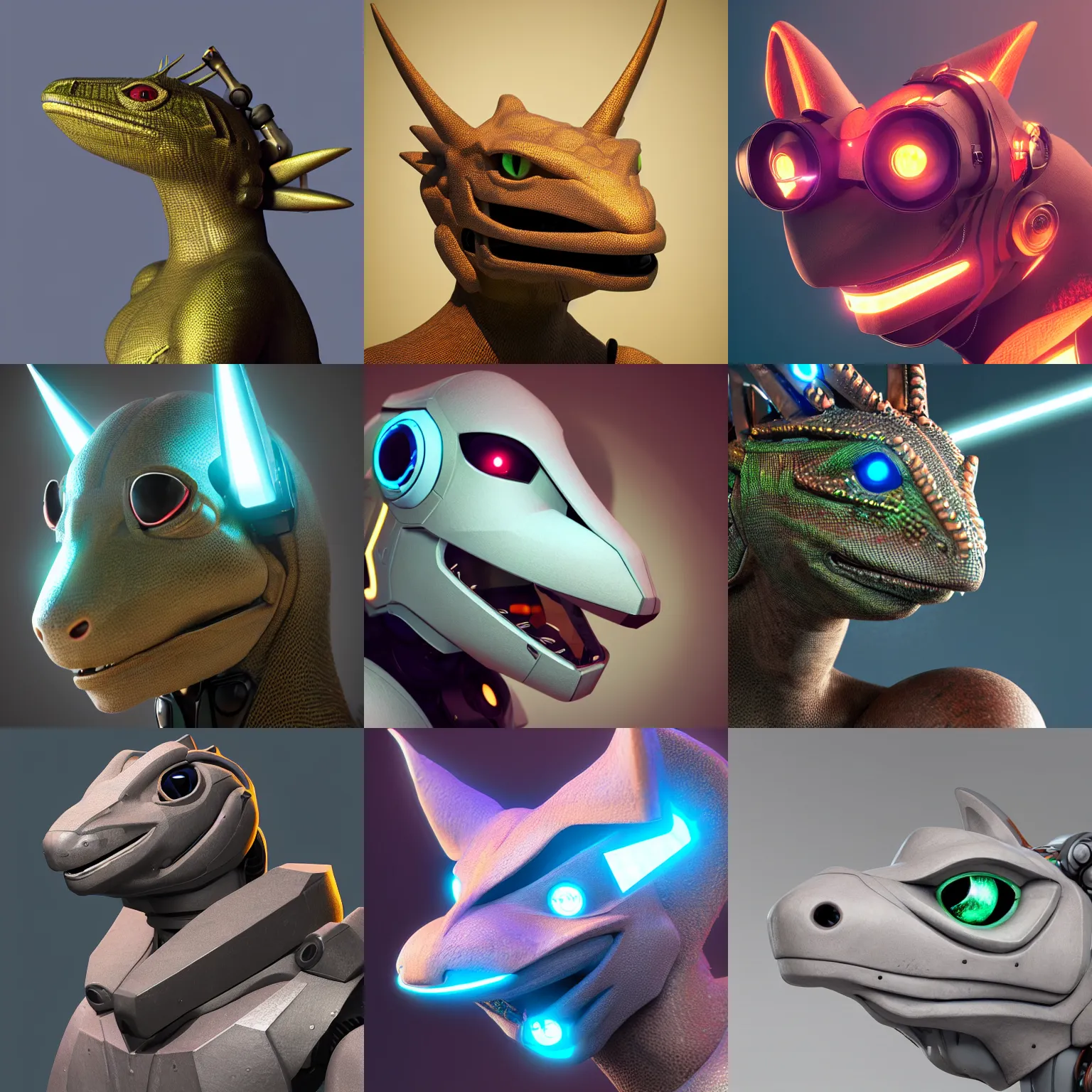 Prompt: very very beautiful furry art, bust profile picture of a robotic anthro lizard, visor screen for face, horns with indicator lights, smooth shapes, commission on furaffinity, cgsociety, octane render