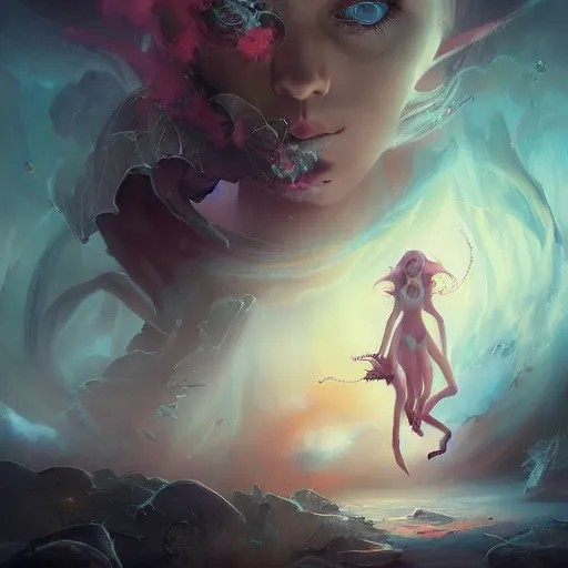 Image similar to cute girl lost in satanic ritual trying to escape dimensional shift by peter mohrbacher and emmanuel shiu and martin johnson heade and bastien lecouffe - deharme