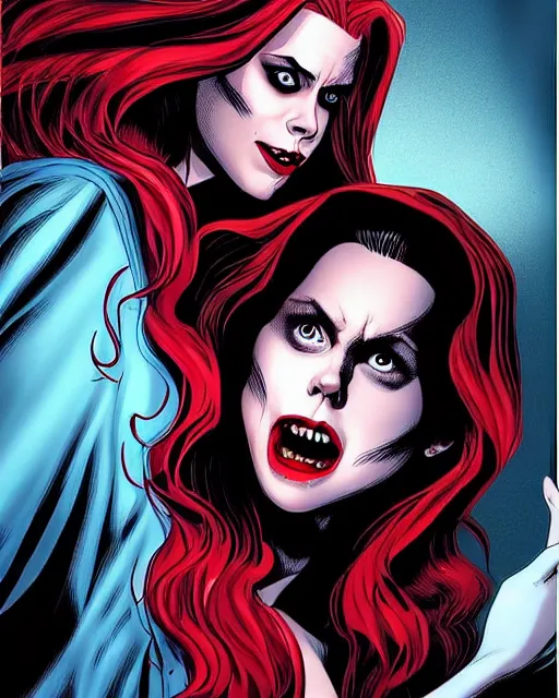 Image similar to vampire : : rafeal albuquerque comic art, peter mohrbucher : : gorgeous amy adams : : sharp teeth, open mouth sneer : : symmetrical face, symmetrical eyes : : gorgeous red hair : : magic lighting, low spacial lighting : :