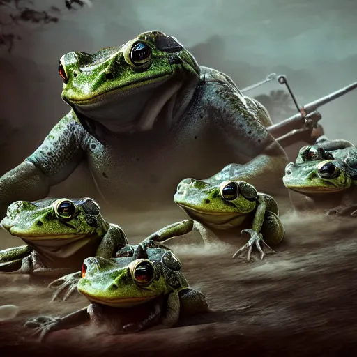 Image similar to an army of warrior horror frogs, driving tanks to war in swamp, cinematic lightning, artstation trending, matte painting, 8 k, octane, digital art