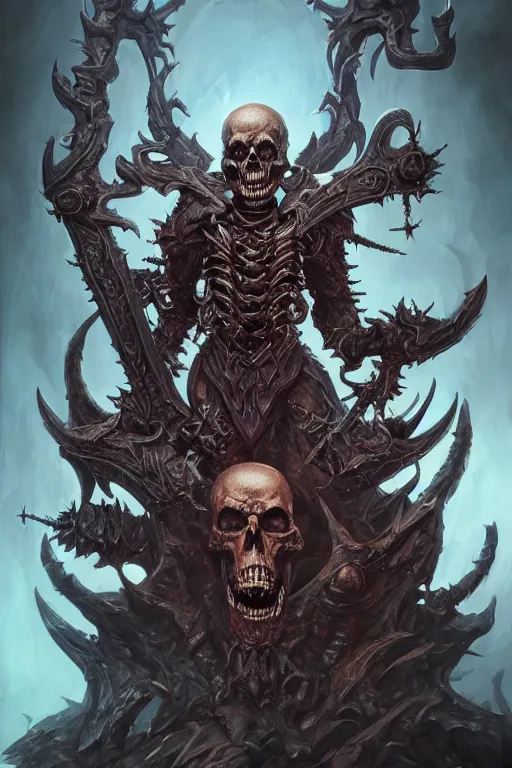 Prompt: death lord stand on skulls, highly detailed, d & d, fantasy, highly detailed, digital painting, trending on artstation, concept art, sharp focus, illustration, global illumination, ray tracing, realistic shaded, art by artgerm and greg rutkowski and fuji choko and viktoria gavrilenko and hoang lap,