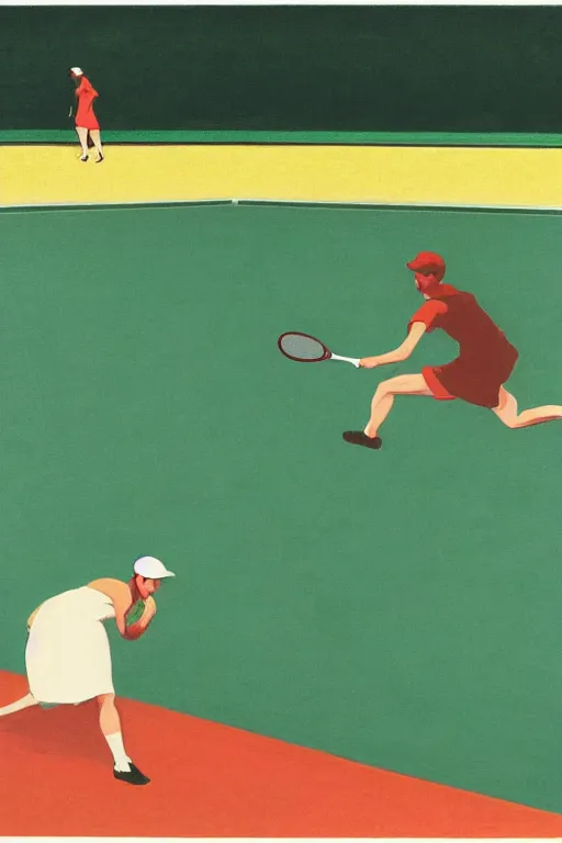 Image similar to an illustration of a tennis match by Edward Hopper. Screen Printed. Paper texture