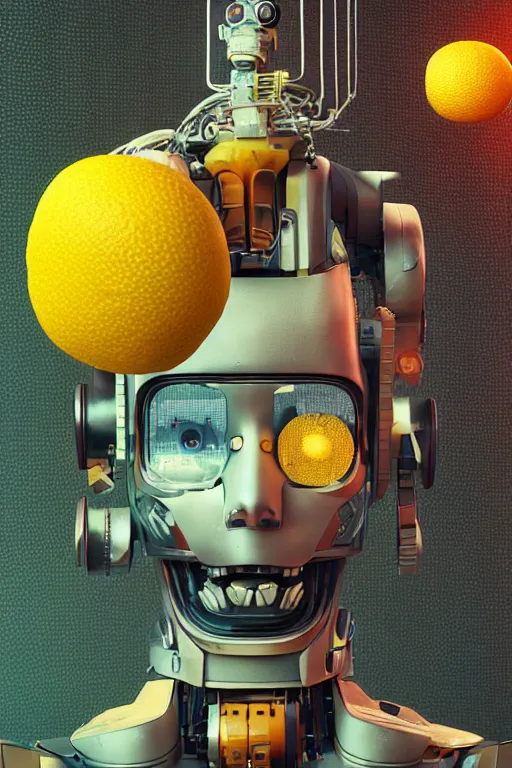 Image similar to a robot with lemons on his head, cyberpunk art by Mike Winkelmann, by Filip Honda, trending on cgsociety, panfuturism, made of lemons and limes, glitch art, rendered in cinema4d, blender, hyper realism