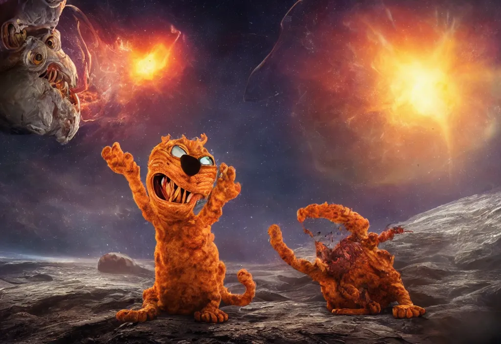 Image similar to eldritch horror bloody garfield in space, hd, 8 k, giant, epic, realistic photo, unreal engine, stars, prophecy, powerful, cinematic lighting, destroyed planet, debris, violent, sinister, ray tracing, dynamic, epic composition, dark, horrific, teeth, grotesque, monochrome drawing, hellscape