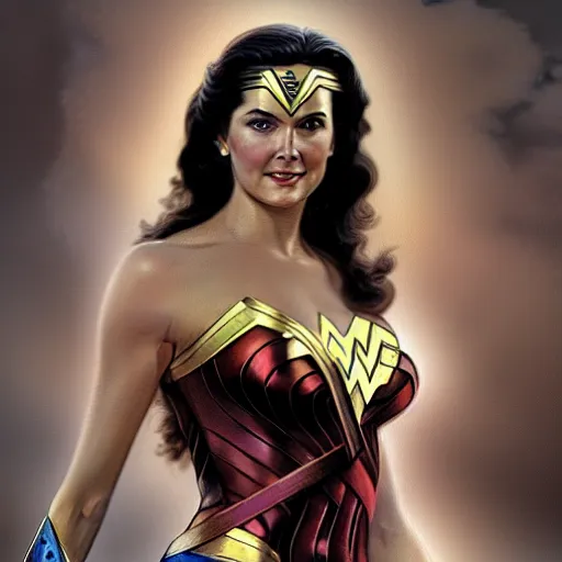 Image similar to a portrait of young Lynda Carter as Wonder woman , detailed, centered, digital painting, artstation, concept art, donato giancola, Joseph Christian Leyendecker, WLOP, Boris Vallejo, Breathtaking, 8k resolution, extremely detailed, beautiful, establishing shot, artistic, hyperrealistic, beautiful face, octane render